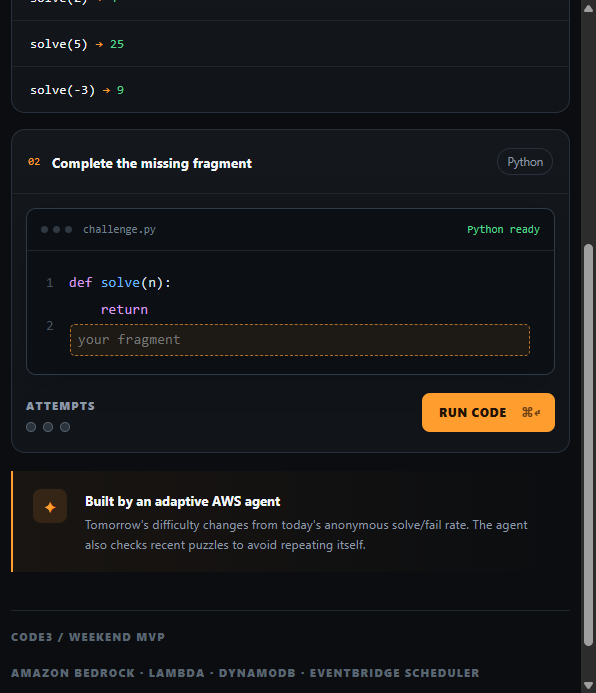 Code3: editor Python, tentativas e agente AWS